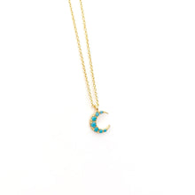 Load image into Gallery viewer, Tiny moon crescent with turquoise cubic zirconia
